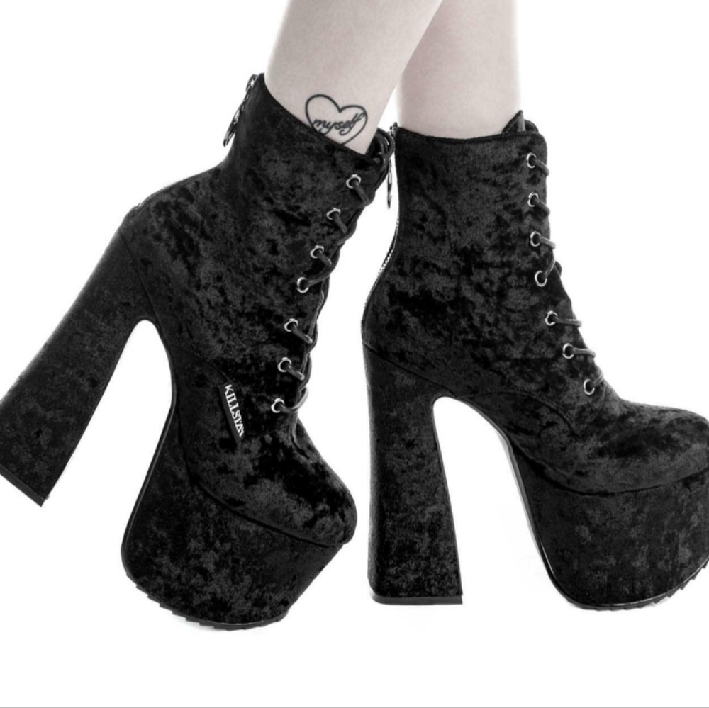Killstar Platform Booties / Heels in Black Velvet - Gothic, Alternative, Trendy!
